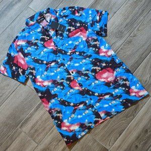 New Men's Barney Cools Short Sleeve Blue Colorful Rayon Button Up Shirt Medium